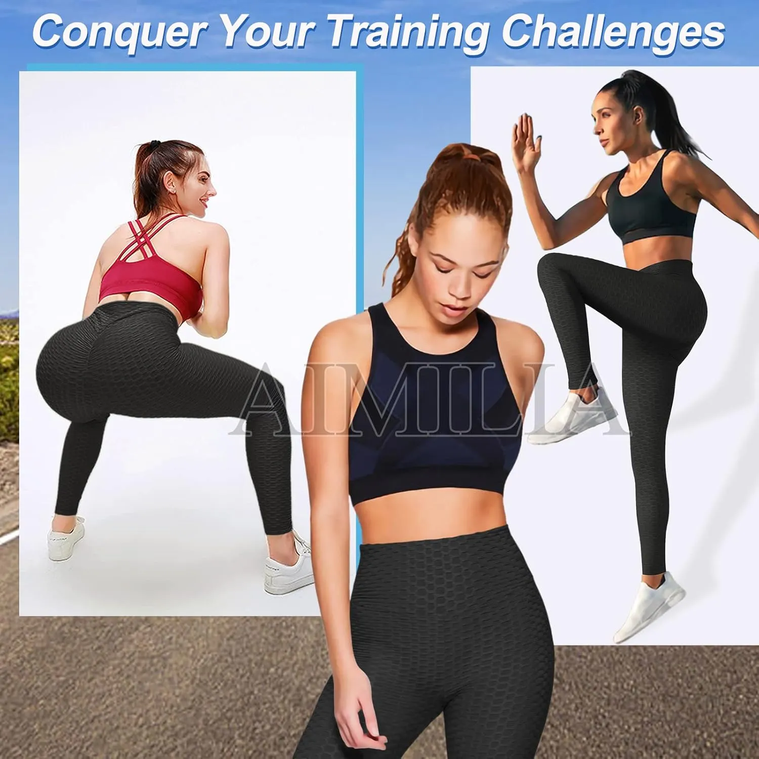 AIMILIA Butt Lifting Anti Cellulite Leggings for Women High Waisted Yoga Pants Workout Tummy Control Sport Tights