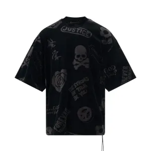 All Over Logo Velour Boxy Fit T-Shirt in Black Charcoal