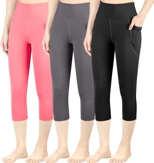BIG ELEPHANT 3 Packs Girls Capri Leggings with Pockets, High Waisted Yoga Pants Athletic Running Dance Workout for Kids