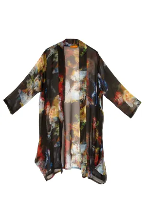 Black Print Side Drape Long Duster 8610