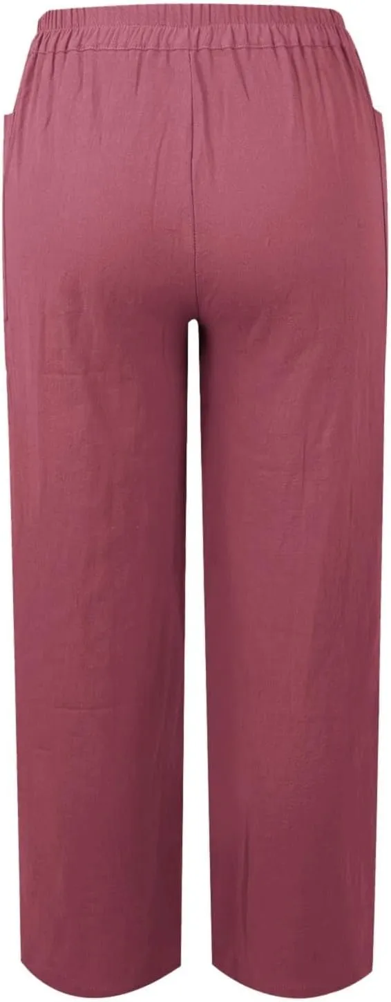 Bohemian Linen Pants for Women 2024 Casual Summer Button Elastic Waist Capri Pants Beach Pants with Big Pockets