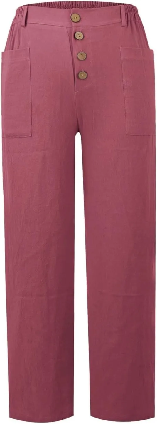 Bohemian Linen Pants for Women 2024 Casual Summer Button Elastic Waist Capri Pants Beach Pants with Big Pockets