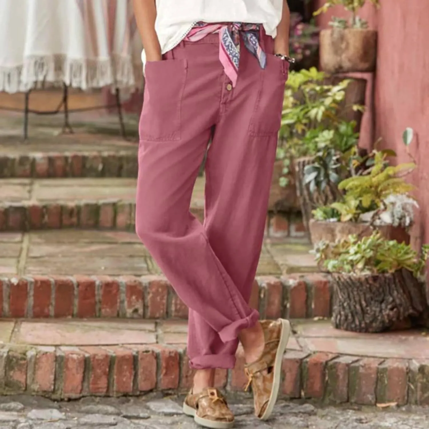 Bohemian Linen Pants for Women 2024 Casual Summer Button Elastic Waist Capri Pants Beach Pants with Big Pockets