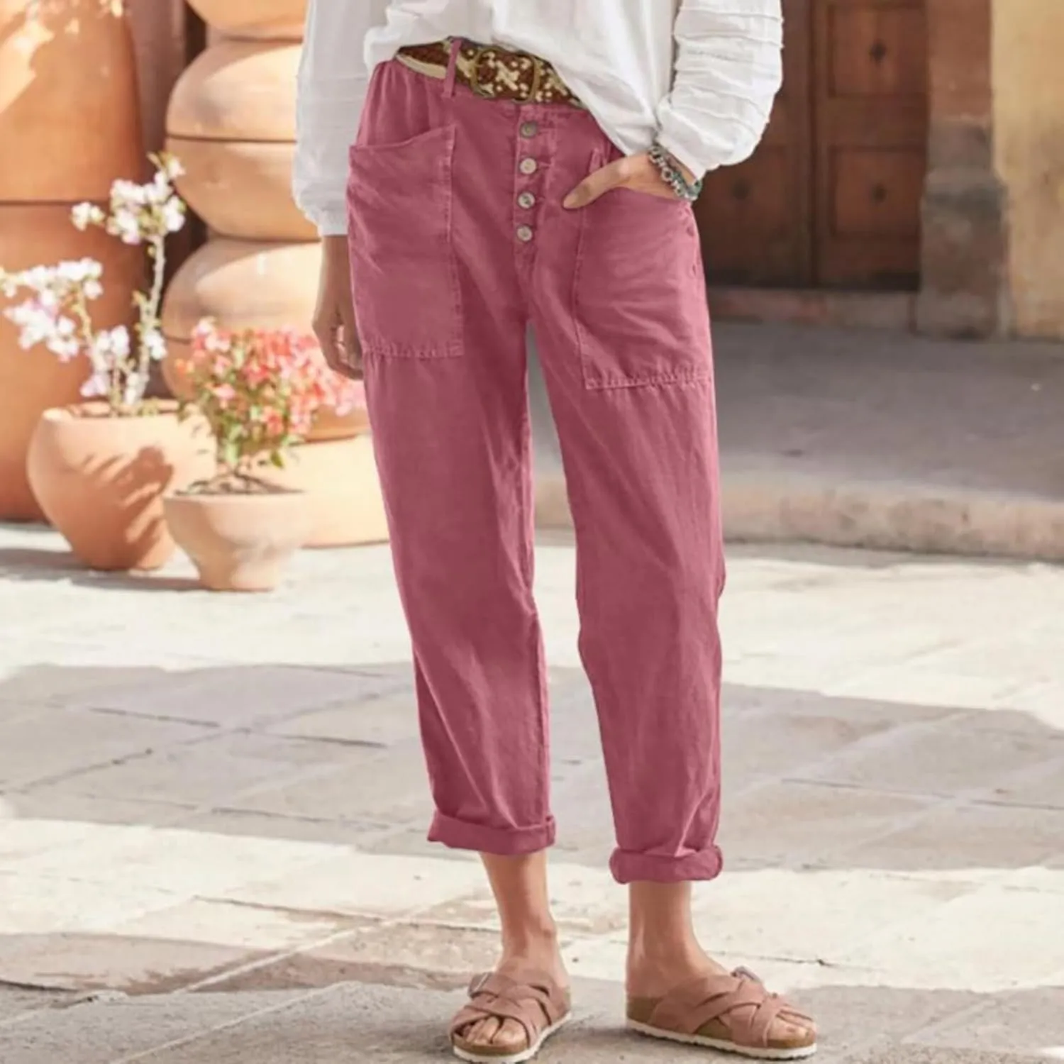 Bohemian Linen Pants for Women 2024 Casual Summer Button Elastic Waist Capri Pants Beach Pants with Big Pockets