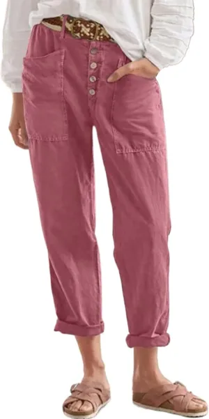 Bohemian Linen Pants for Women 2024 Casual Summer Button Elastic Waist Capri Pants Beach Pants with Big Pockets