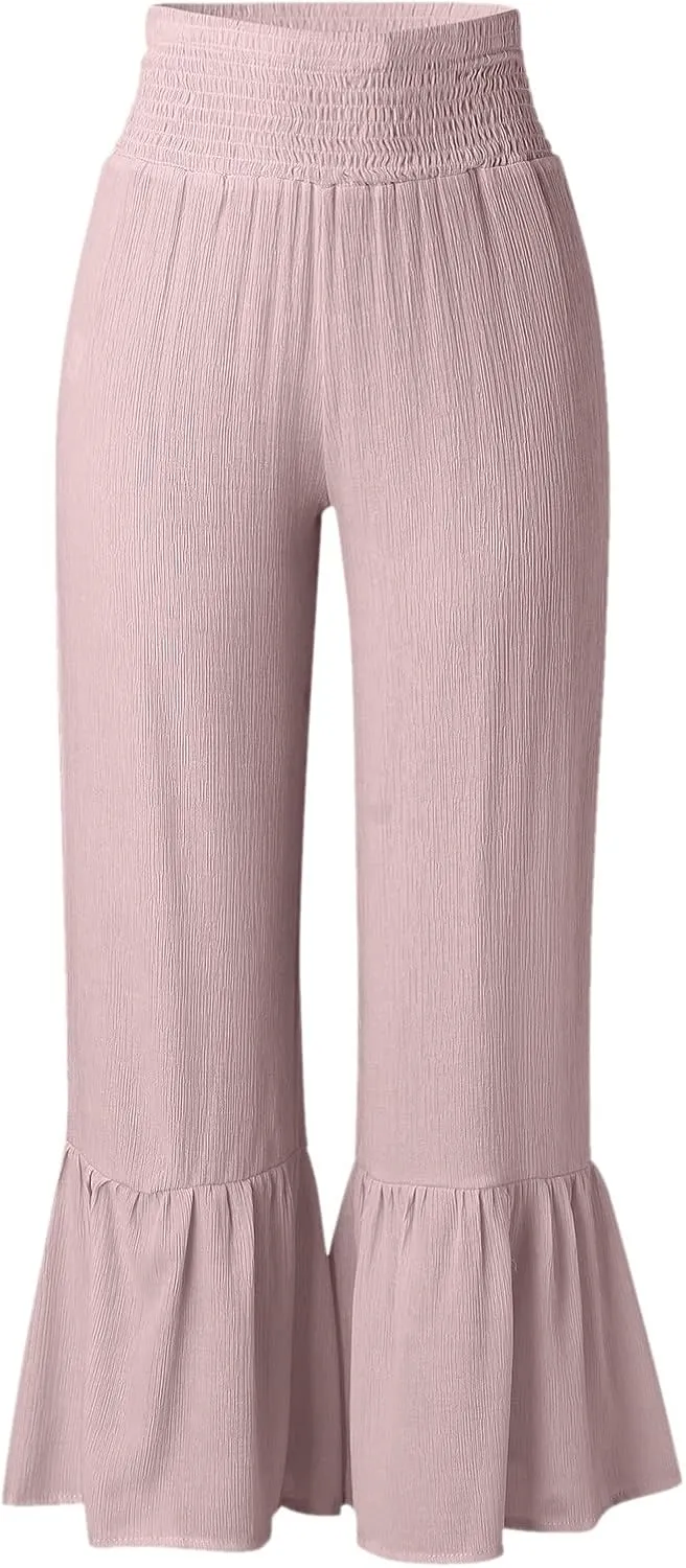 Boho Smocked High Waisted Pants for Women, Ruffle Hem Wide Leg Flowy Hippie Palazzo Pants Baggy Casual Beach Trousers