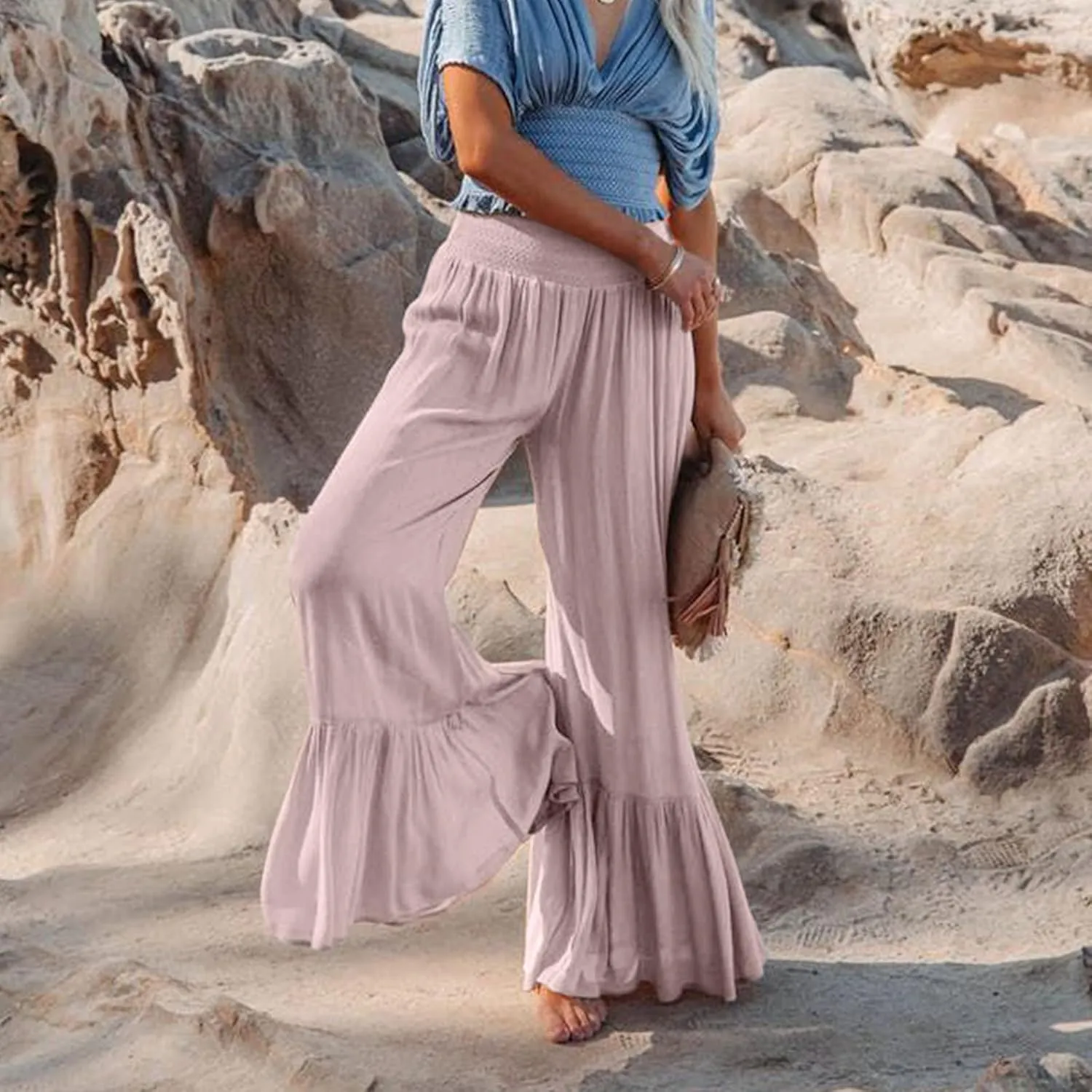 Boho Smocked High Waisted Pants for Women, Ruffle Hem Wide Leg Flowy Hippie Palazzo Pants Baggy Casual Beach Trousers