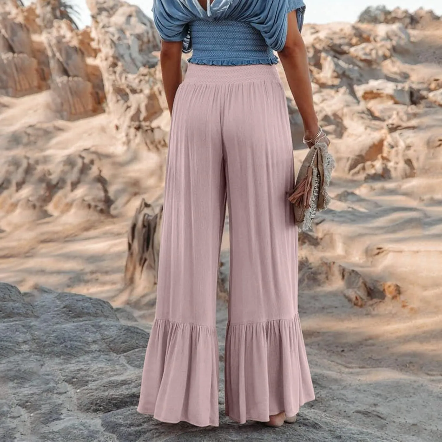 Boho Smocked High Waisted Pants for Women, Ruffle Hem Wide Leg Flowy Hippie Palazzo Pants Baggy Casual Beach Trousers