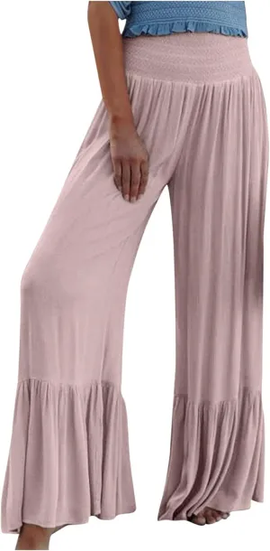Boho Smocked High Waisted Pants for Women, Ruffle Hem Wide Leg Flowy Hippie Palazzo Pants Baggy Casual Beach Trousers