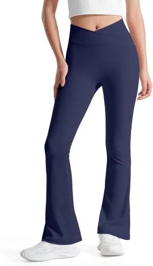 BOOPH Girls Flare Leggings with Pockets Cross-Waist High Waisted Yoga Pants Bell Bottoms Athletic Pants