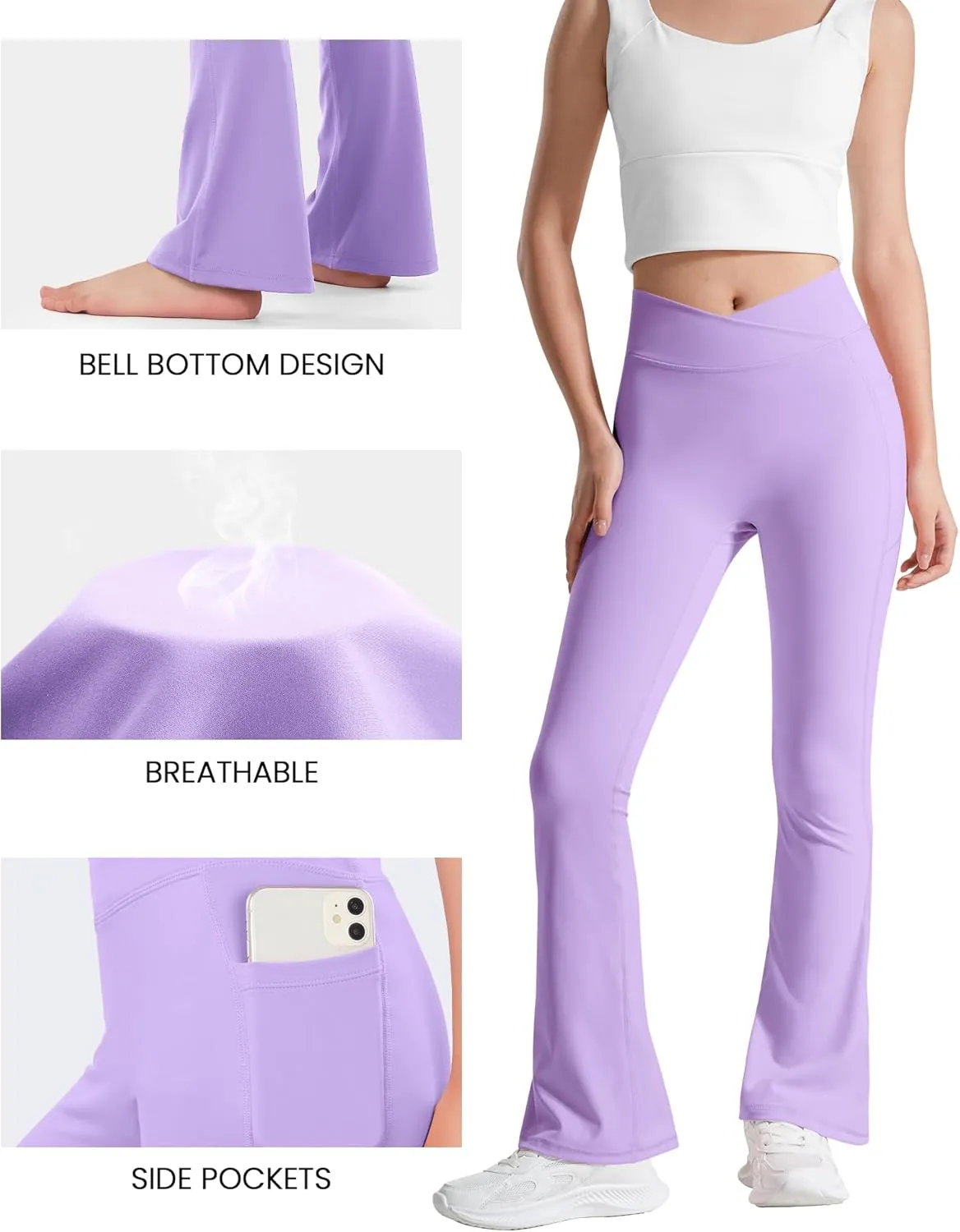 BOOPH Girls Flare Leggings with Pockets Cross-Waist High Waisted Yoga Pants Bell Bottoms Athletic Pants