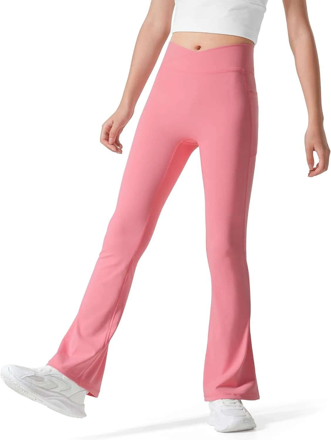 BOOPH Girls Flare Leggings with Pockets Cross-Waist High Waisted Yoga Pants Bell Bottoms Athletic Pants