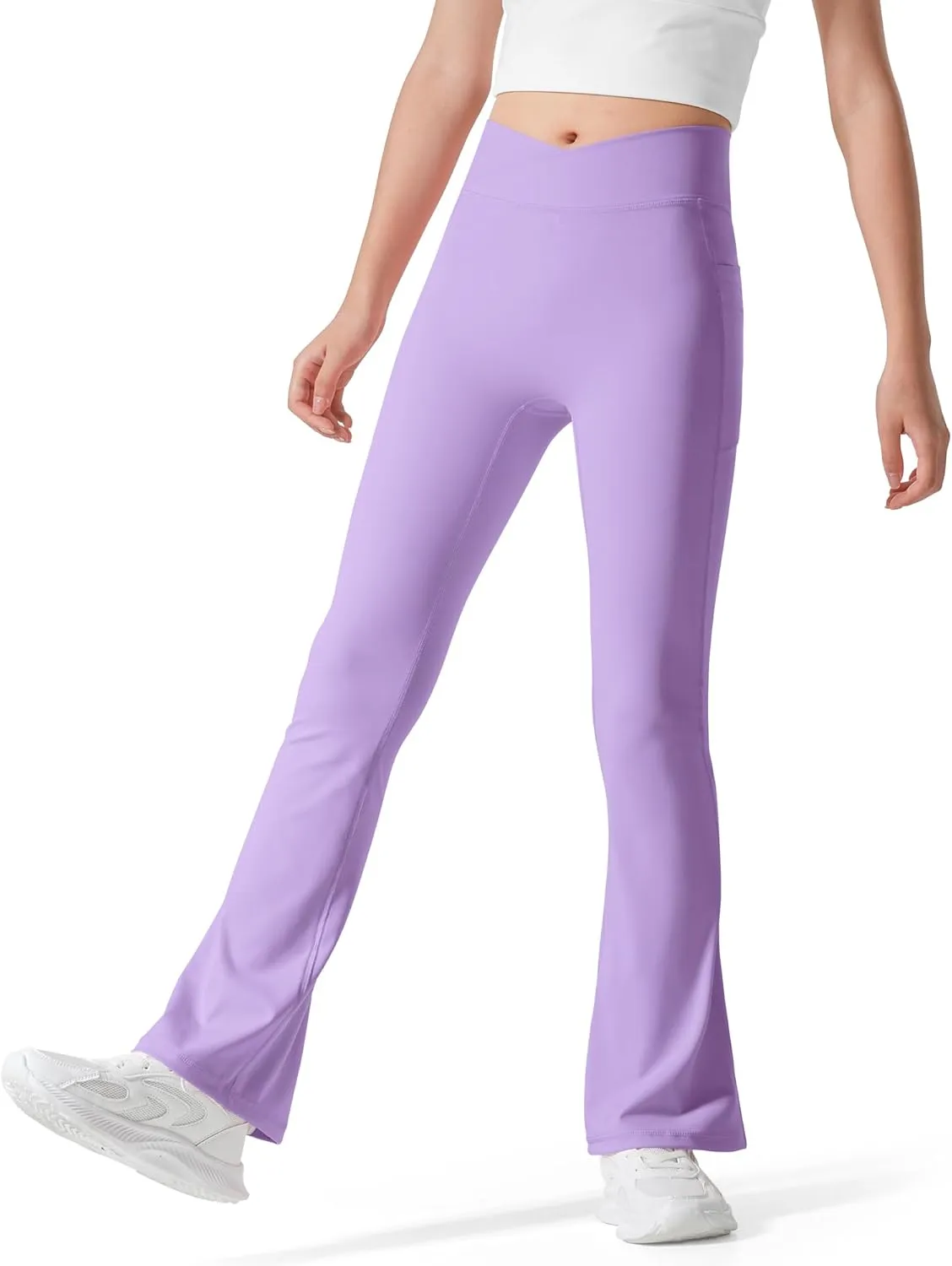 BOOPH Girls Flare Leggings with Pockets Cross-Waist High Waisted Yoga Pants Bell Bottoms Athletic Pants