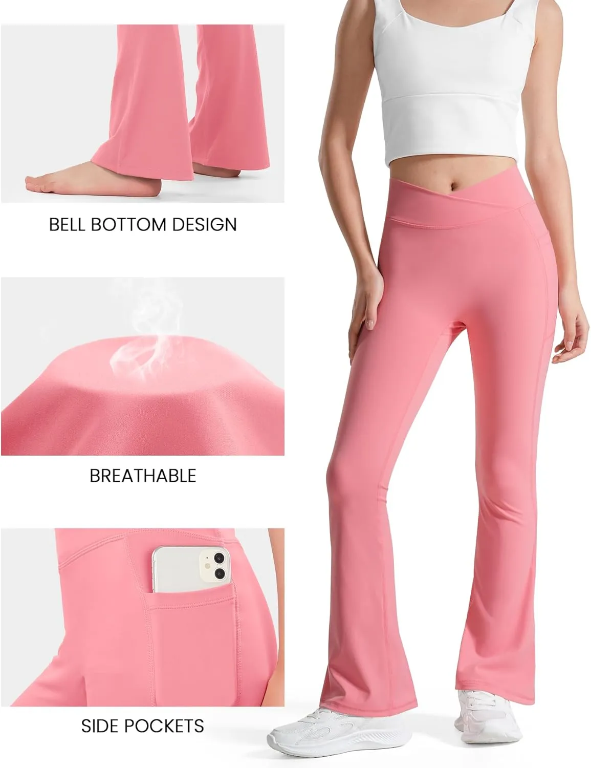 BOOPH Girls Flare Leggings with Pockets Cross-Waist High Waisted Yoga Pants Bell Bottoms Athletic Pants