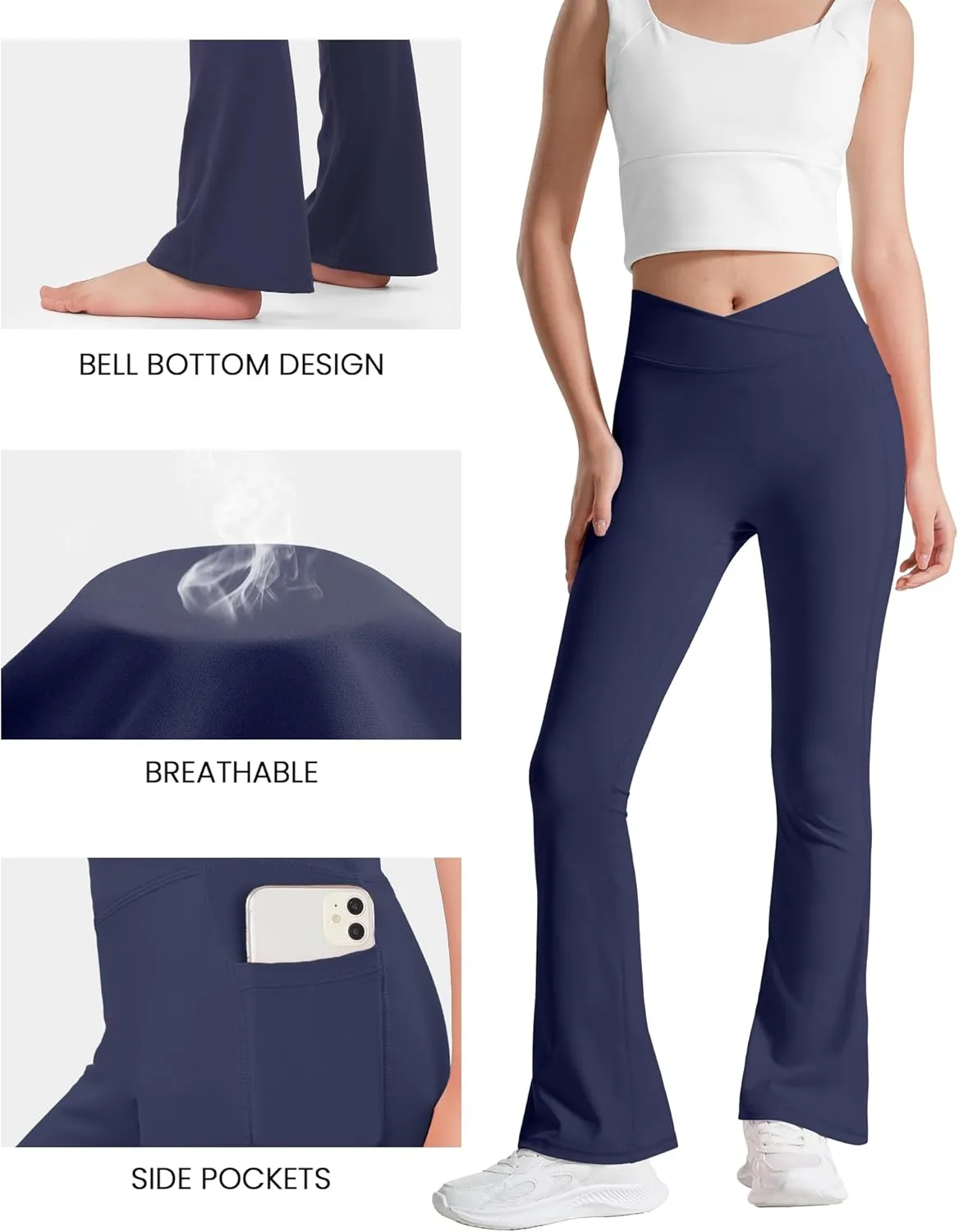 BOOPH Girls Flare Leggings with Pockets Cross-Waist High Waisted Yoga Pants Bell Bottoms Athletic Pants
