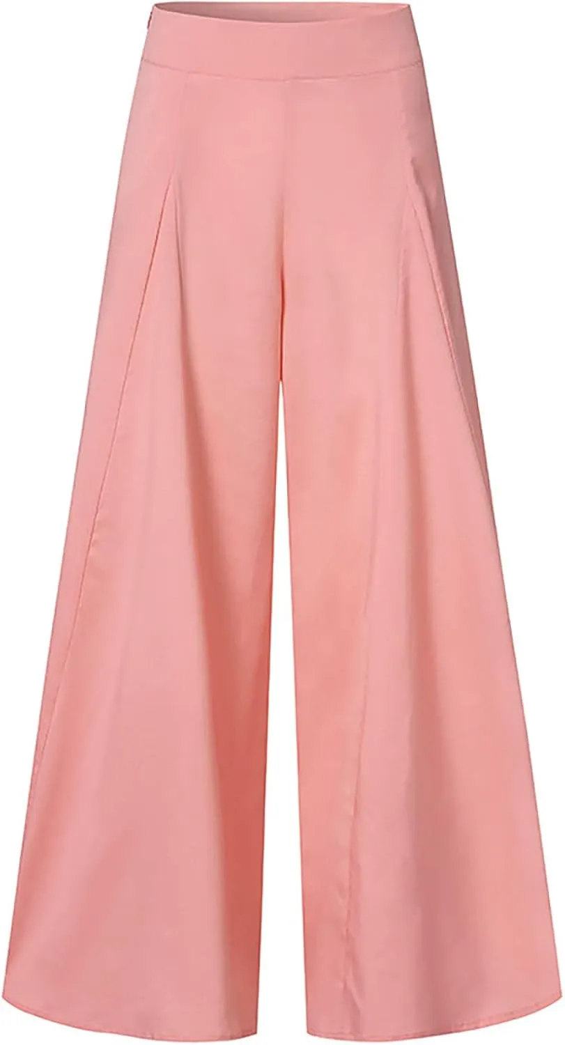 BOXIACEY Wide Leggings for Women Casual Solid Elegant High Waist Pants Stretchy Loose Fit Long Flare Trousers with Pockets