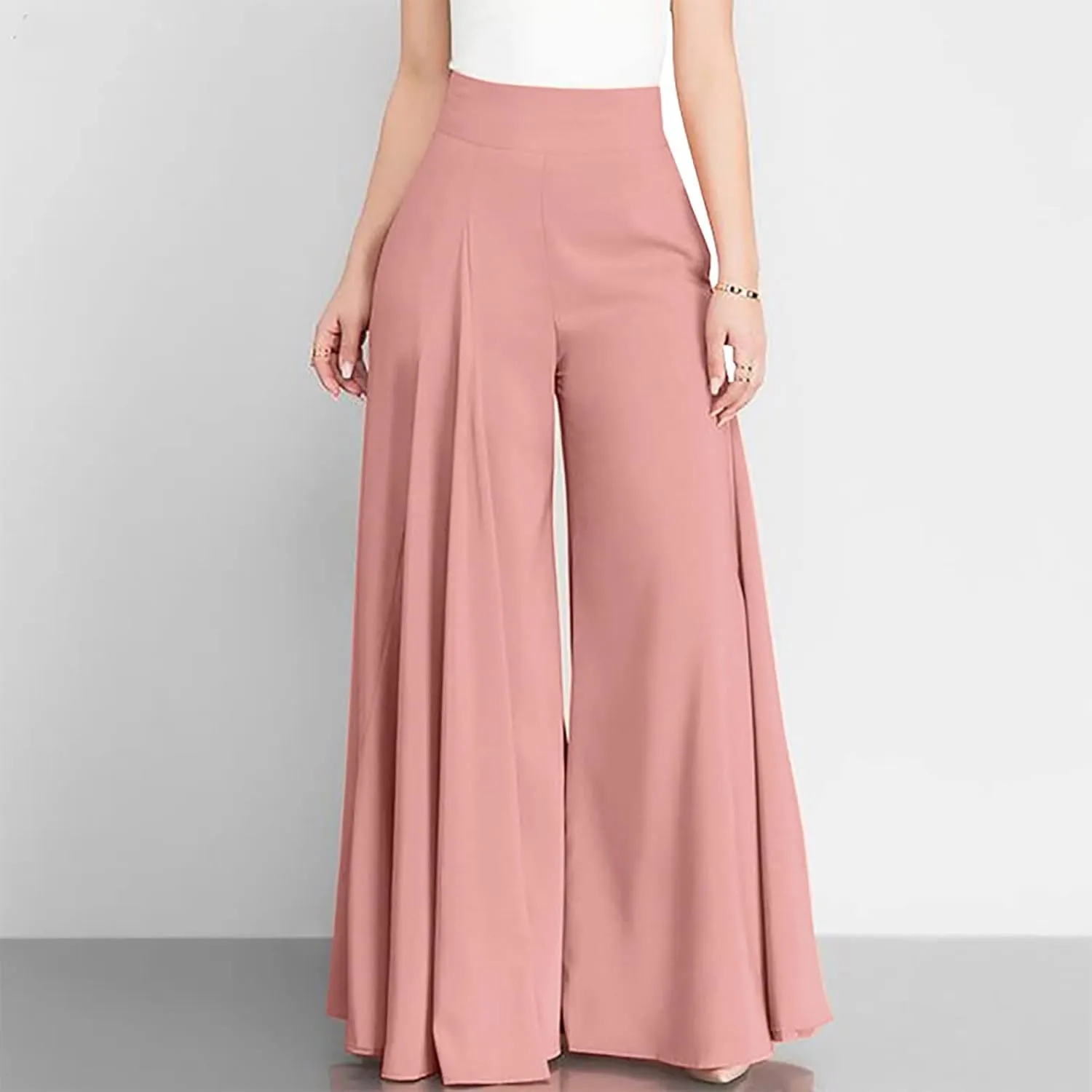 BOXIACEY Wide Leggings for Women Casual Solid Elegant High Waist Pants Stretchy Loose Fit Long Flare Trousers with Pockets