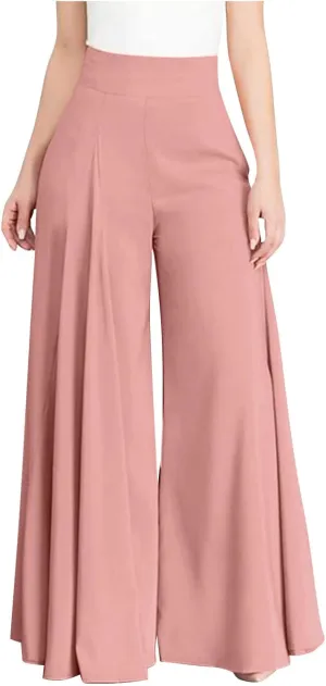 BOXIACEY Wide Leggings for Women Casual Solid Elegant High Waist Pants Stretchy Loose Fit Long Flare Trousers with Pockets