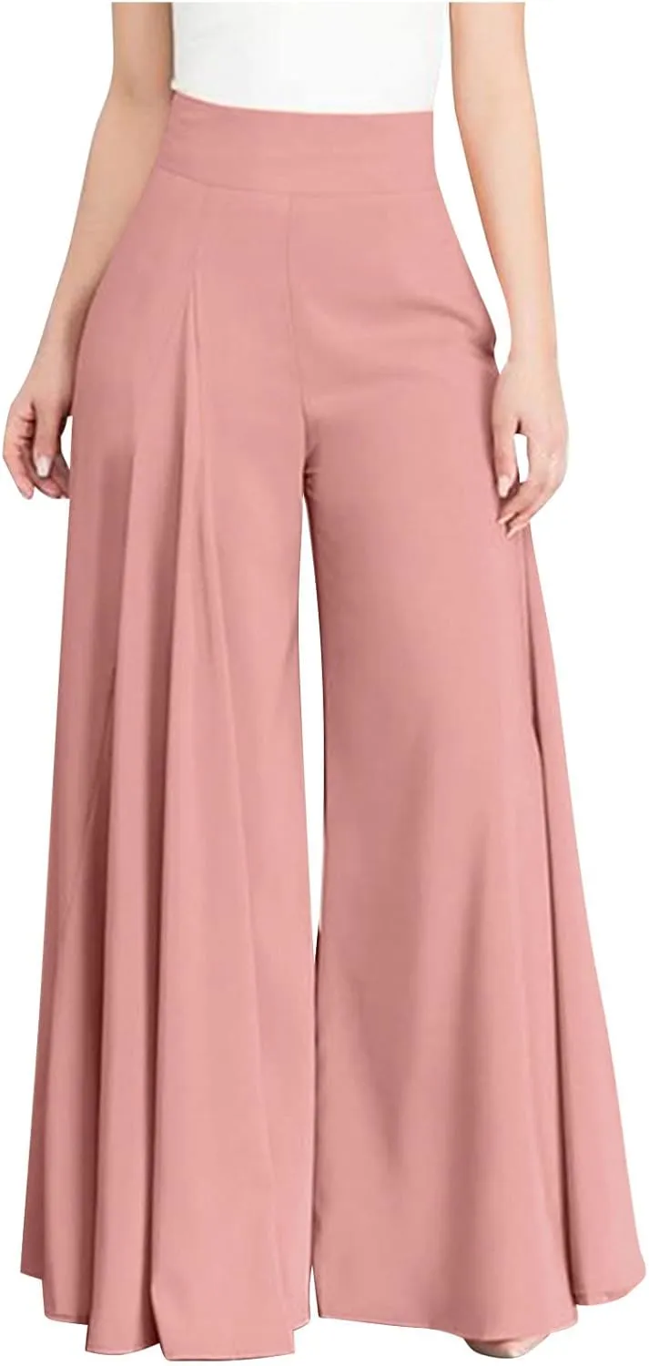BOXIACEY Wide Leggings for Women Casual Solid Elegant High Waist Pants Stretchy Loose Fit Long Flare Trousers with Pockets