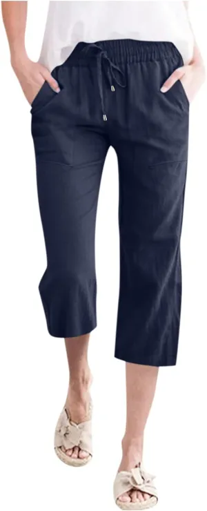 Capri Pants for Women 2024 Casual Summer Cotton Linen Drawstring Stretch Waist Vocation Beach Crop Pants with Pockets