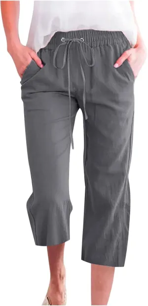 Capri Pants for Women 2024 Casual Summer Cotton Linen Drawstring Stretch Waist Vocation Beach Crop Pants with Pockets