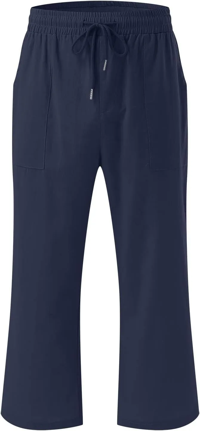 Capri Pants for Women 2024 Casual Summer Cotton Linen Drawstring Stretch Waist Vocation Beach Crop Pants with Pockets