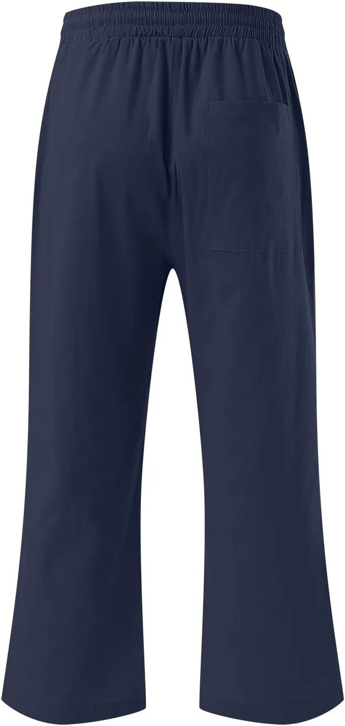 Capri Pants for Women 2024 Casual Summer Cotton Linen Drawstring Stretch Waist Vocation Beach Crop Pants with Pockets