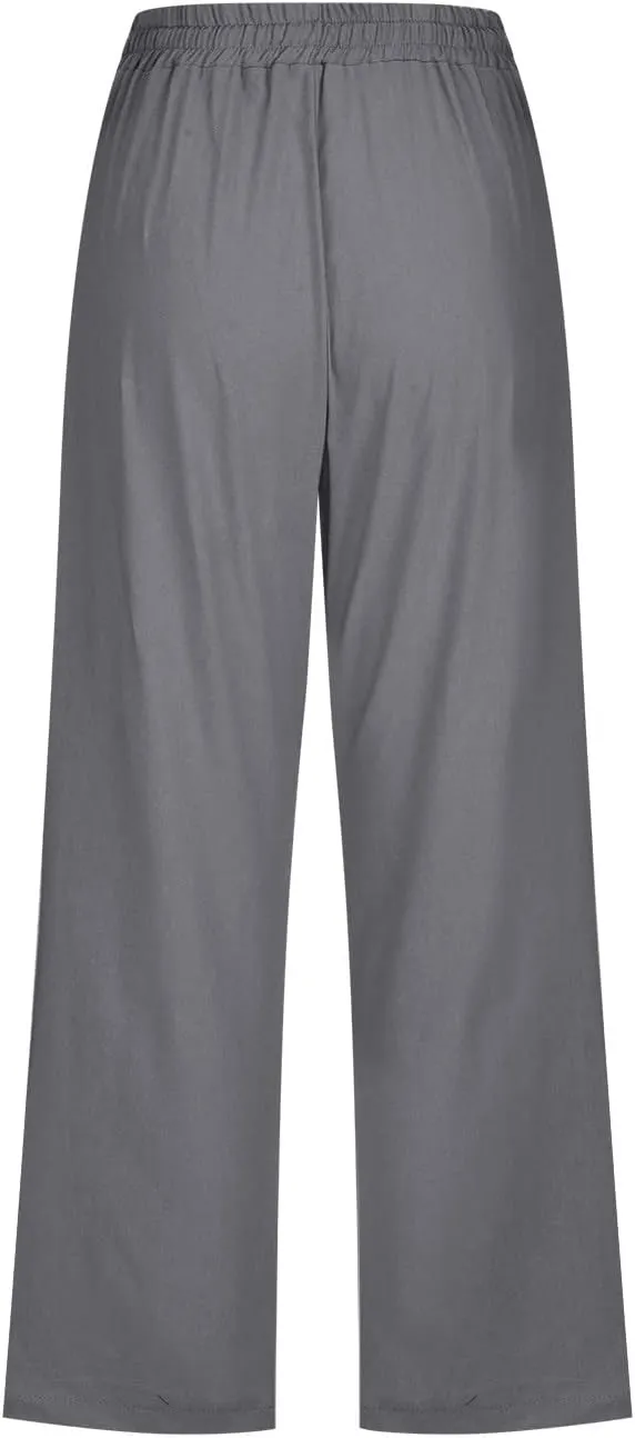 Capri Pants for Women 2024 Casual Summer Cotton Linen Drawstring Stretch Waist Vocation Beach Crop Pants with Pockets