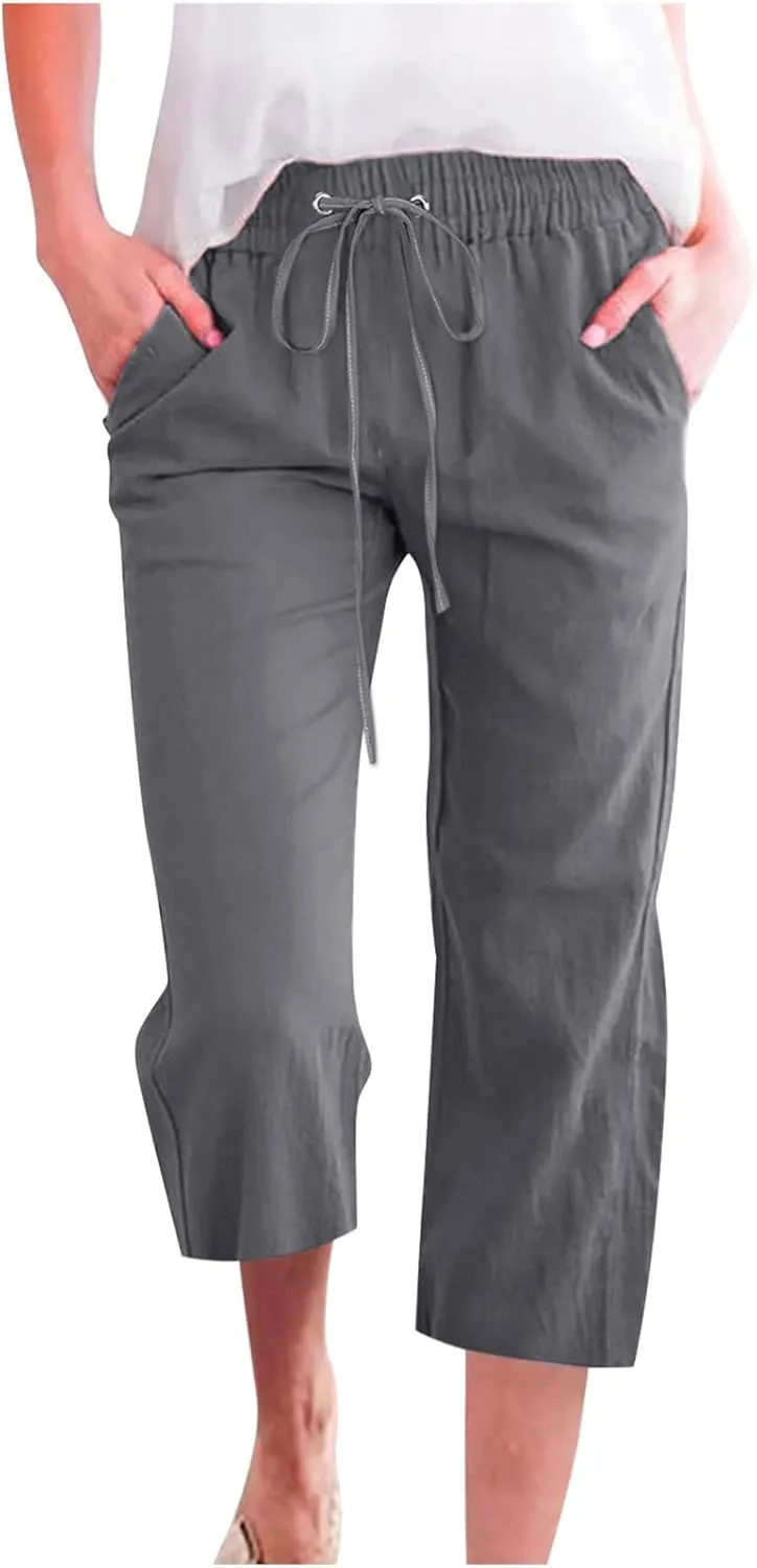 Capri Pants for Women 2024 Casual Summer Cotton Linen Drawstring Stretch Waist Vocation Beach Crop Pants with Pockets