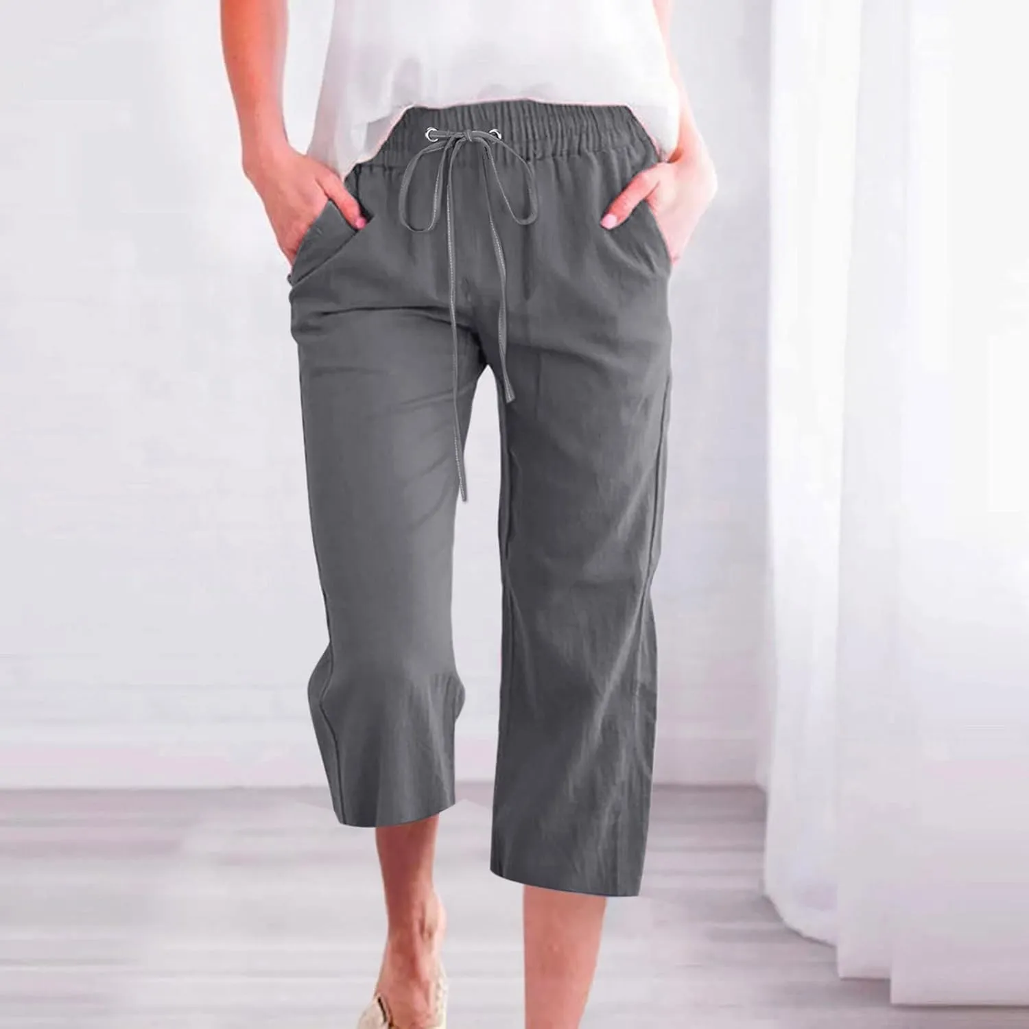 Capri Pants for Women 2024 Casual Summer Cotton Linen Drawstring Stretch Waist Vocation Beach Crop Pants with Pockets