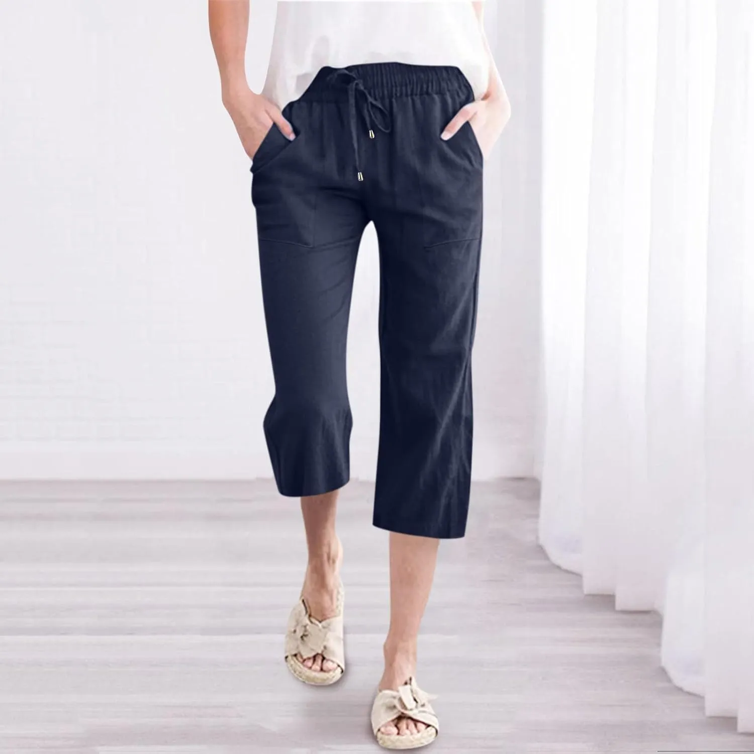 Capri Pants for Women 2024 Casual Summer Cotton Linen Drawstring Stretch Waist Vocation Beach Crop Pants with Pockets