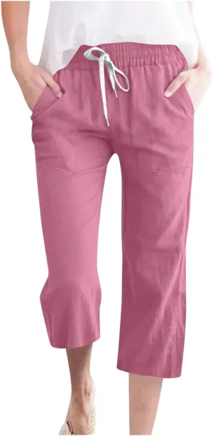 Capri Pants for Women Casual 2025 Summer Drawstring Elastic High Waist Linen Pant Straight Wide Leg Cropped Trousers