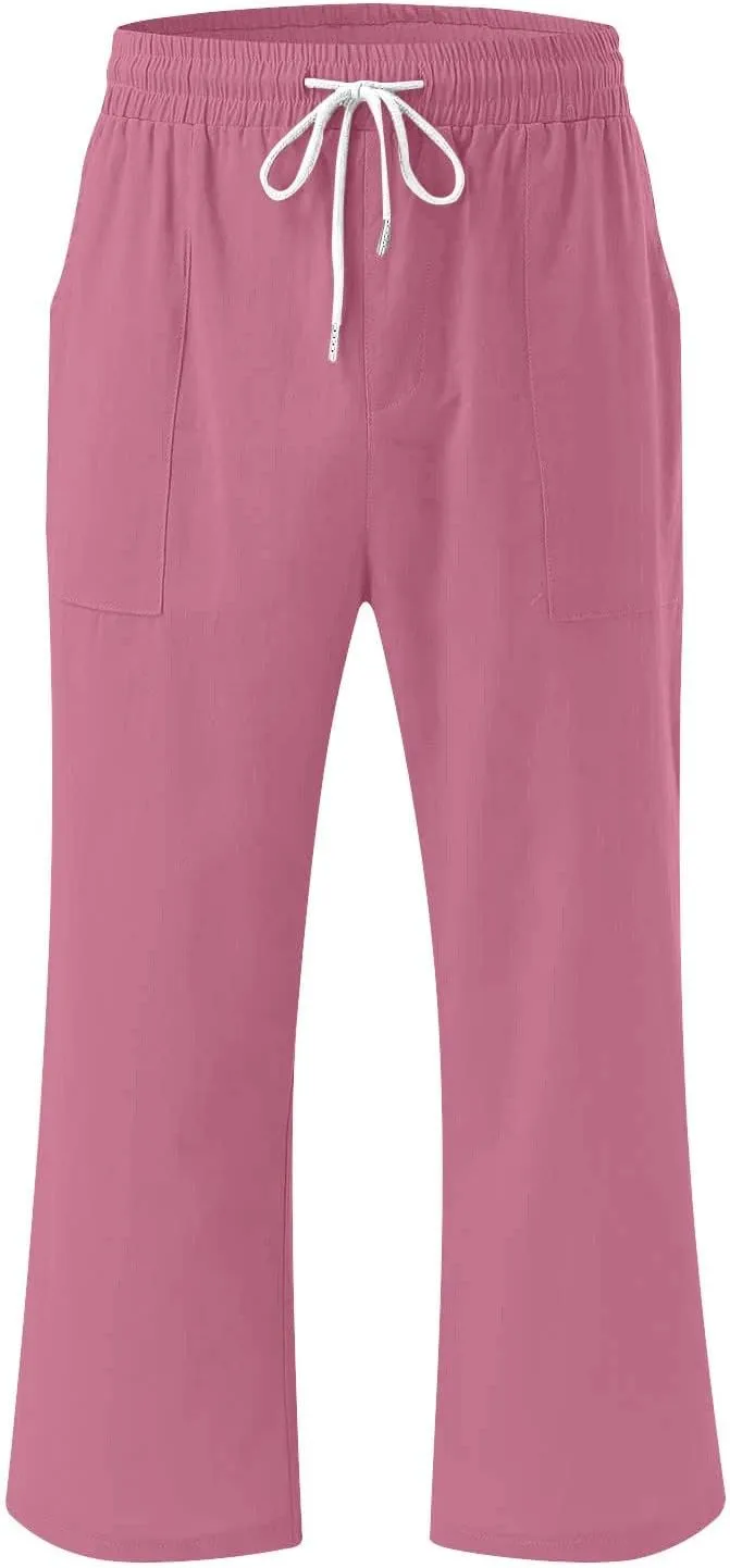 Capri Pants for Women Casual 2025 Summer Drawstring Elastic High Waist Linen Pant Straight Wide Leg Cropped Trousers