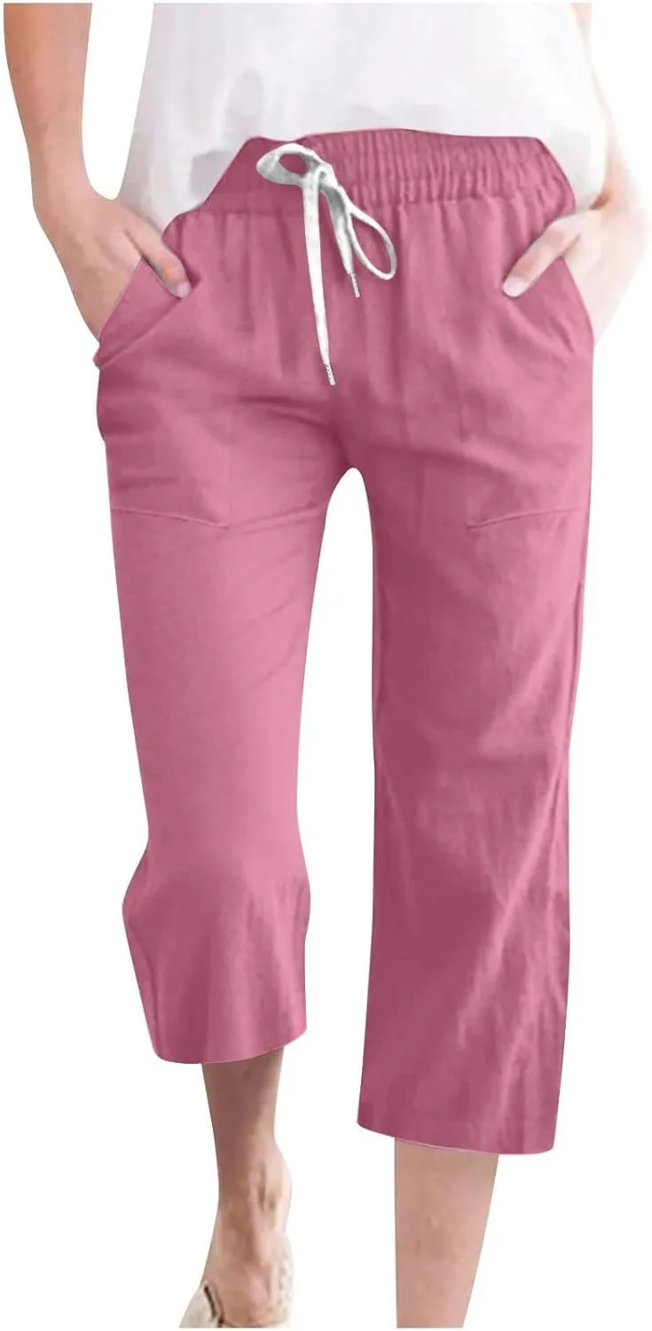 Capri Pants for Women Casual 2025 Summer Drawstring Elastic High Waist Linen Pant Straight Wide Leg Cropped Trousers