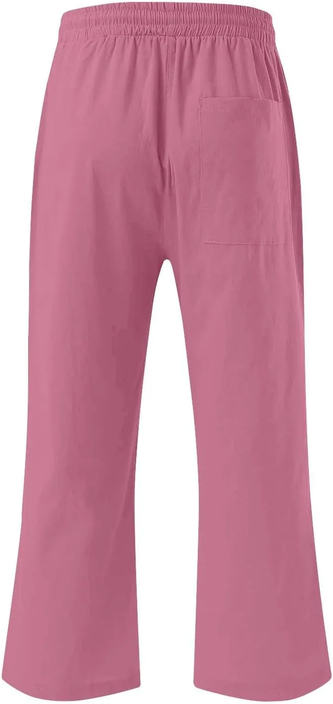 Capri Pants for Women Casual 2025 Summer Drawstring Elastic High Waist Linen Pant Straight Wide Leg Cropped Trousers