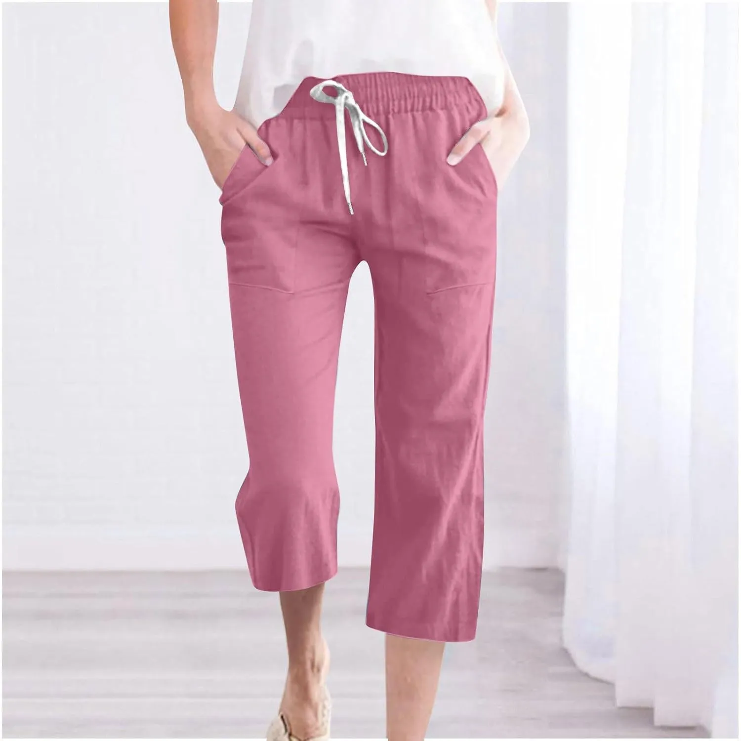 Capri Pants for Women Casual 2025 Summer Drawstring Elastic High Waist Linen Pant Straight Wide Leg Cropped Trousers