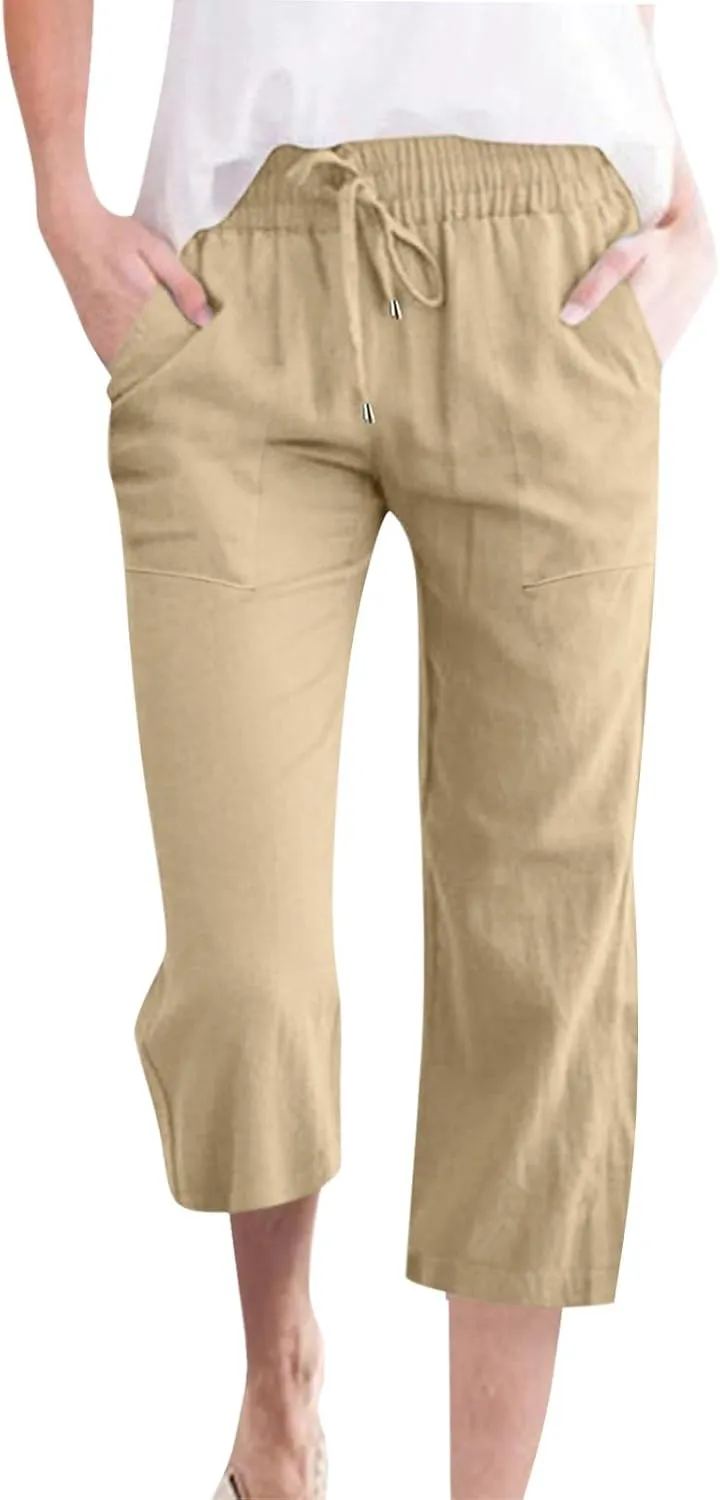 Capri Pants for Women Dressy 2025 Cotton Linen Summer Straight Wide Leg Drawstring Elastic Waist Cropped Trouser