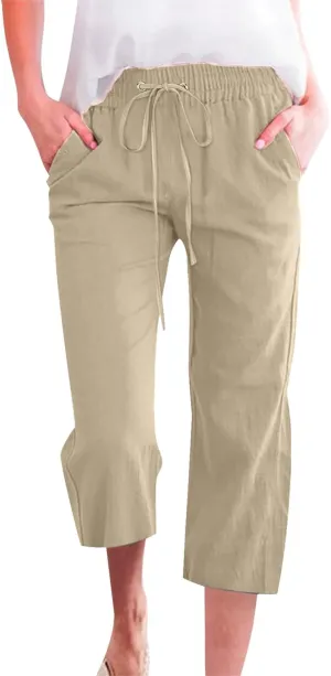 Capri Pants for Women Dressy 2025 Cotton Linen Summer Straight Wide Leg Drawstring Elastic Waist Cropped Trouser