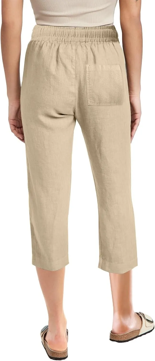 Capri Pants for Women Dressy 2025 Cotton Linen Summer Straight Wide Leg Drawstring Elastic Waist Cropped Trouser