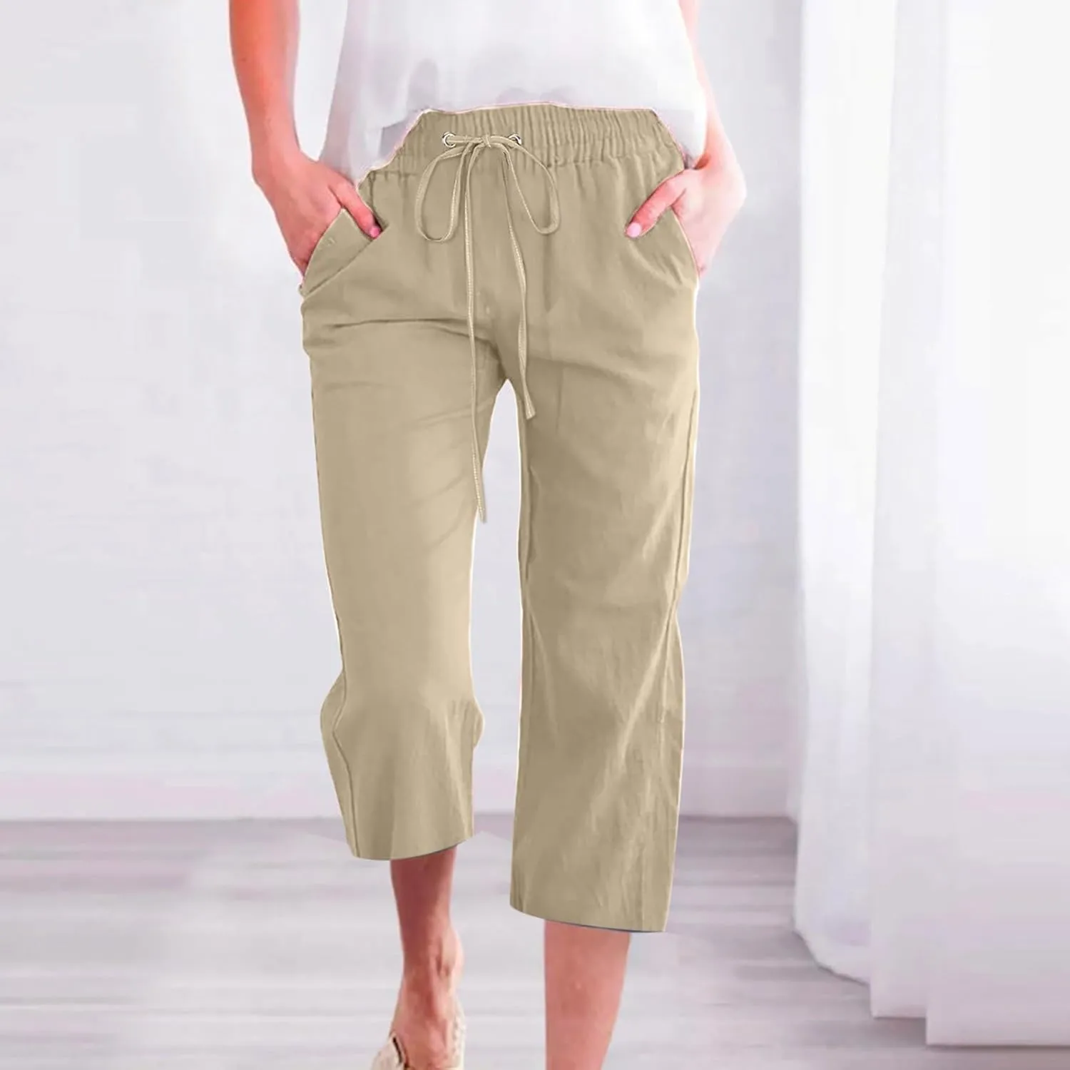 Capri Pants for Women Dressy 2025 Cotton Linen Summer Straight Wide Leg Drawstring Elastic Waist Cropped Trouser