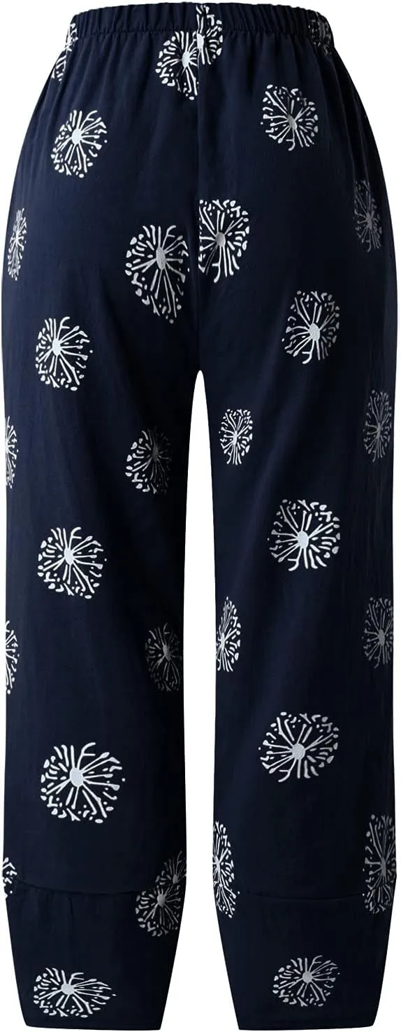 Capri Pants for Women Summer Beach Elastic Waisted Wide Leg Floral Printed Casual Loose Lightweight Relax with Pockets