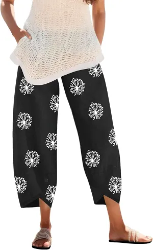 Capri Pants for Women Summer Beach Elastic Waisted Wide Leg Floral Printed Casual Loose Lightweight Relax with Pockets