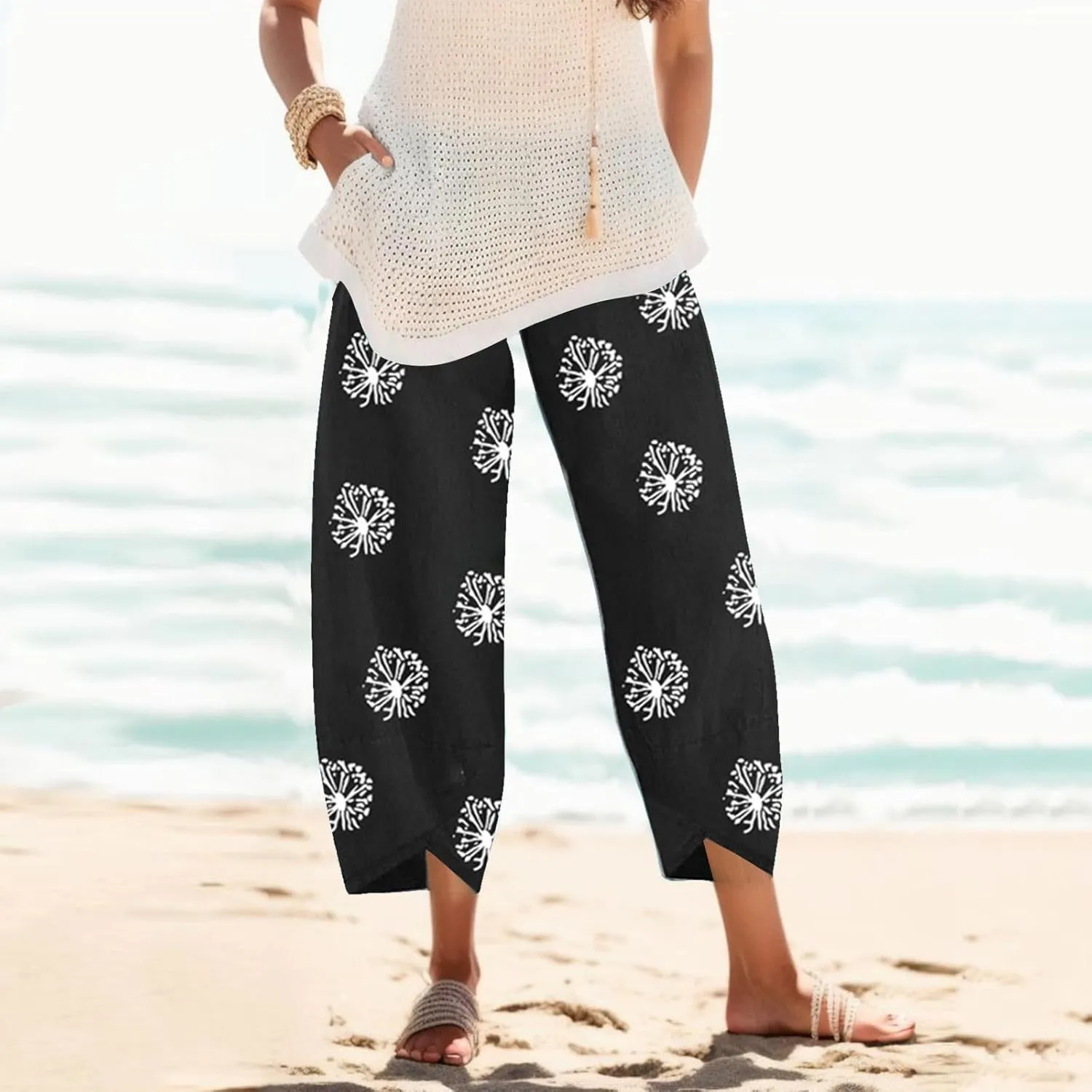Capri Pants for Women Summer Beach Elastic Waisted Wide Leg Floral Printed Casual Loose Lightweight Relax with Pockets