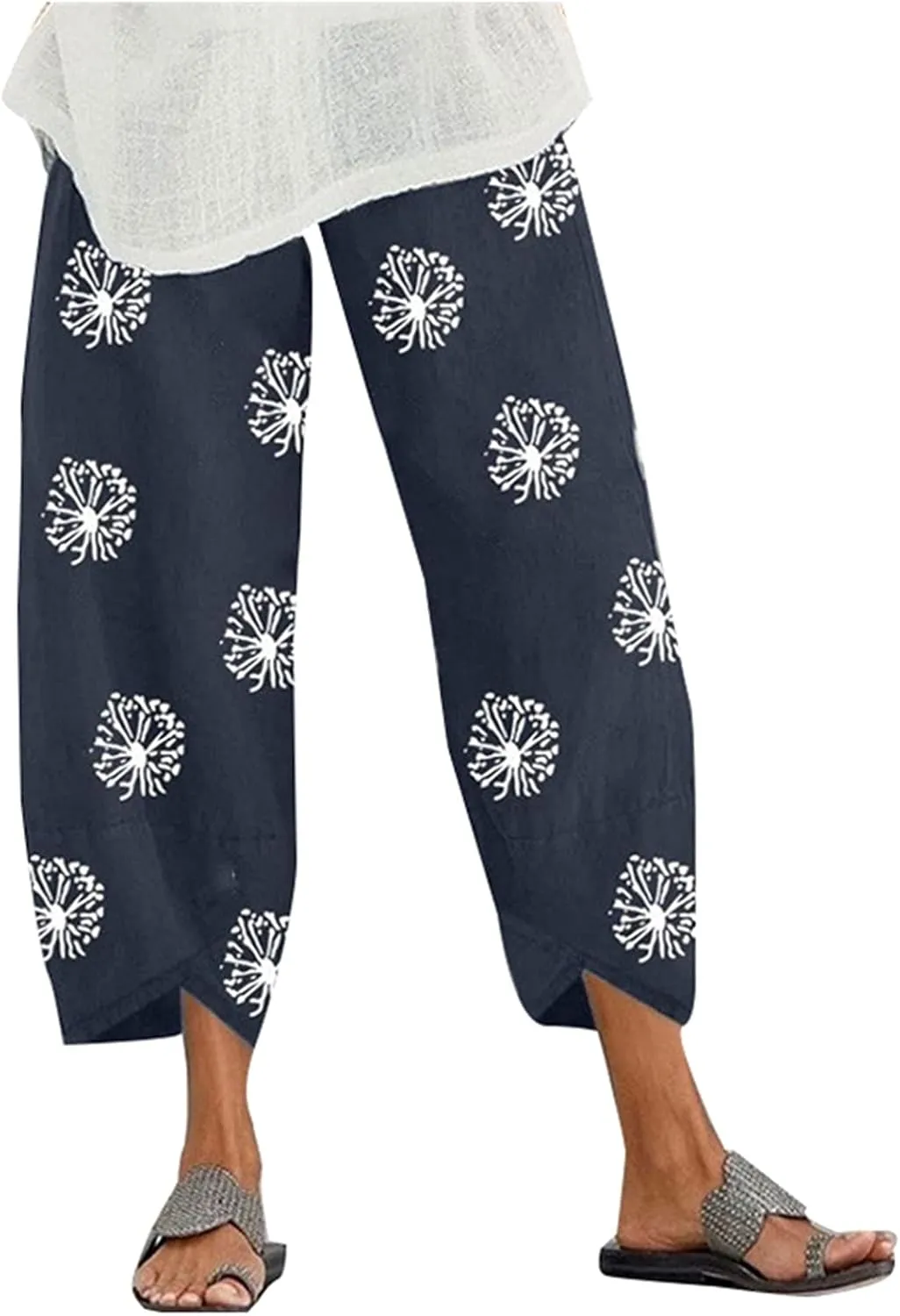Capri Pants for Women Summer Beach Elastic Waisted Wide Leg Floral Printed Casual Loose Lightweight Relax with Pockets