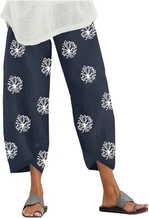 Capri Pants for Women Summer Beach Elastic Waisted Wide Leg Floral Printed Casual Loose Lightweight Relax with Pockets