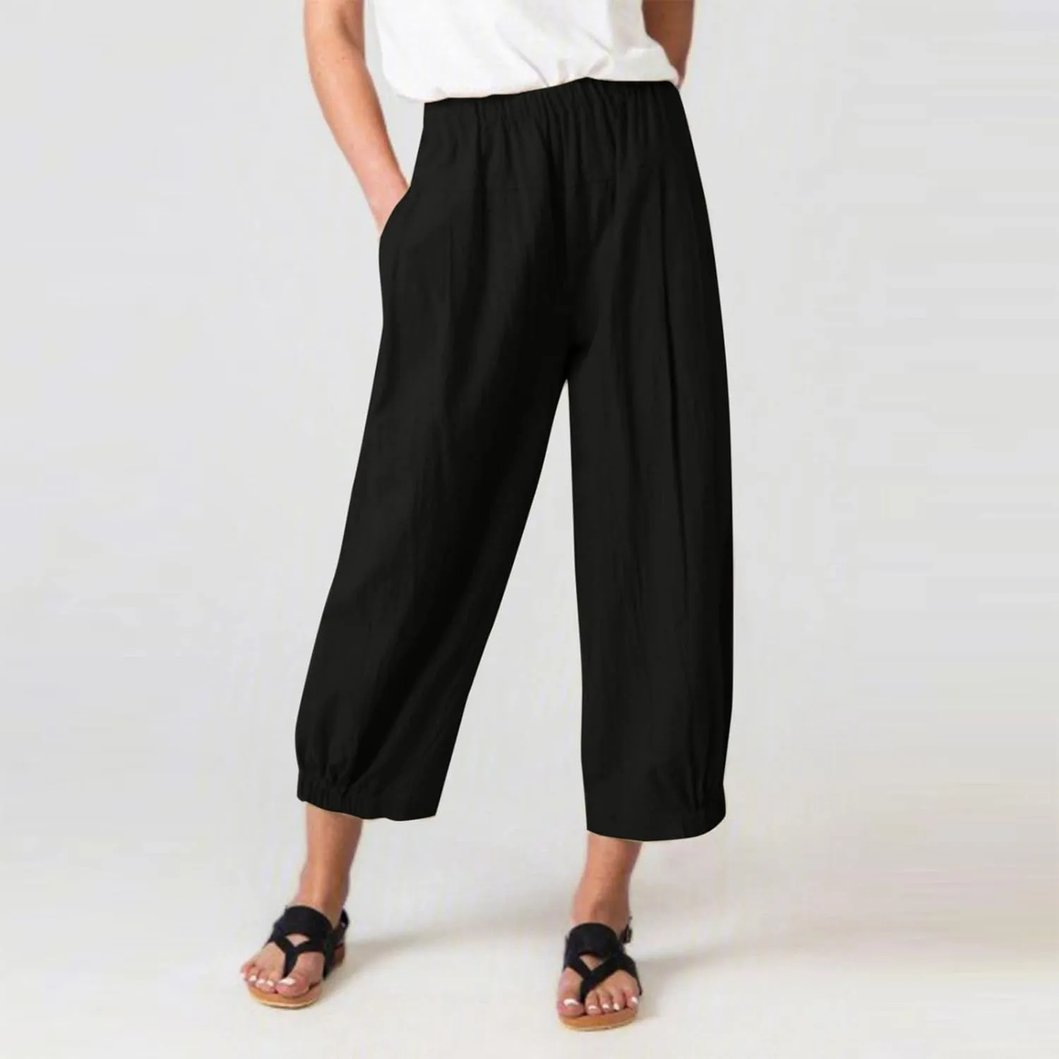 Ceboyel Women's Cotton Linen Pants Elastic Waist Pockets Casual Pants Wide Straight Leg Ankle Trousers Summer Baggy Outfits