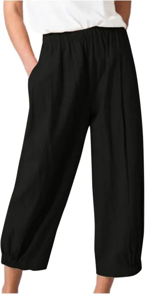 Ceboyel Women's Cotton Linen Pants Elastic Waist Pockets Casual Pants Wide Straight Leg Ankle Trousers Summer Baggy Outfits