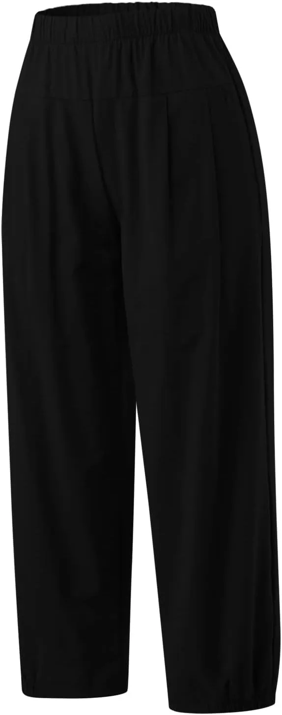 Ceboyel Women's Cotton Linen Pants Elastic Waist Pockets Casual Pants Wide Straight Leg Ankle Trousers Summer Baggy Outfits