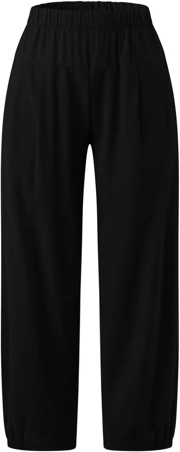 Ceboyel Women's Cotton Linen Pants Elastic Waist Pockets Casual Pants Wide Straight Leg Ankle Trousers Summer Baggy Outfits