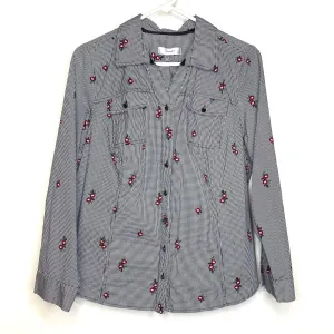 CJ Banks Womens Size X White Black Houndstooth Floral Button-Up Shirt L/s